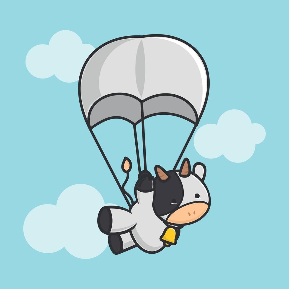 illustration av en söt ko gör fallskärmshoppning vektor