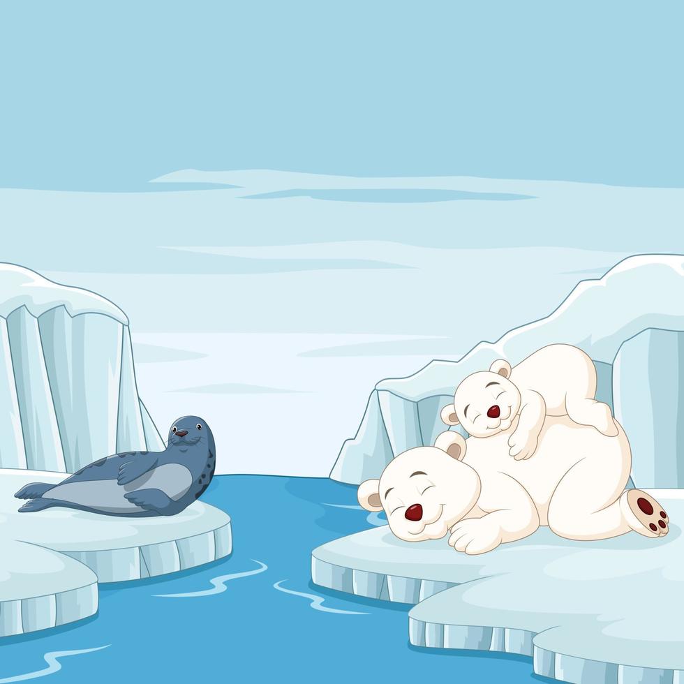 Cartoon-Mutter und Baby-Eisbär schläft mit Robbe im arktischen Hintergrund vektor