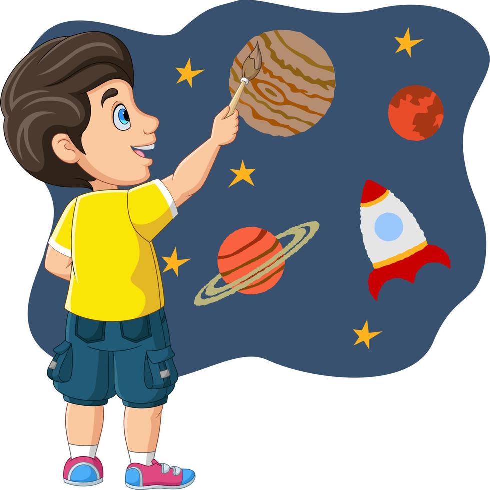 söt liten pojke som målar raket, stjärnor och planeter på väggen vektor