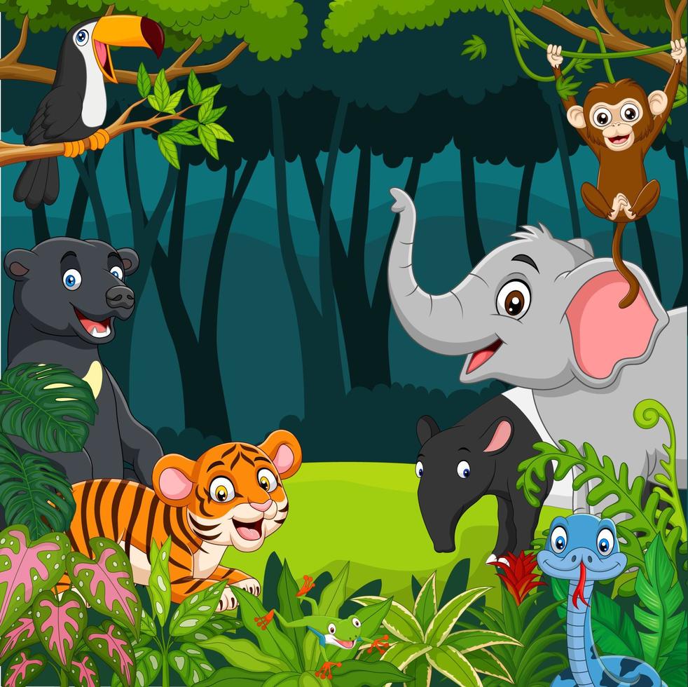 tecknade vilda asiatiska djur i djungeln vektor