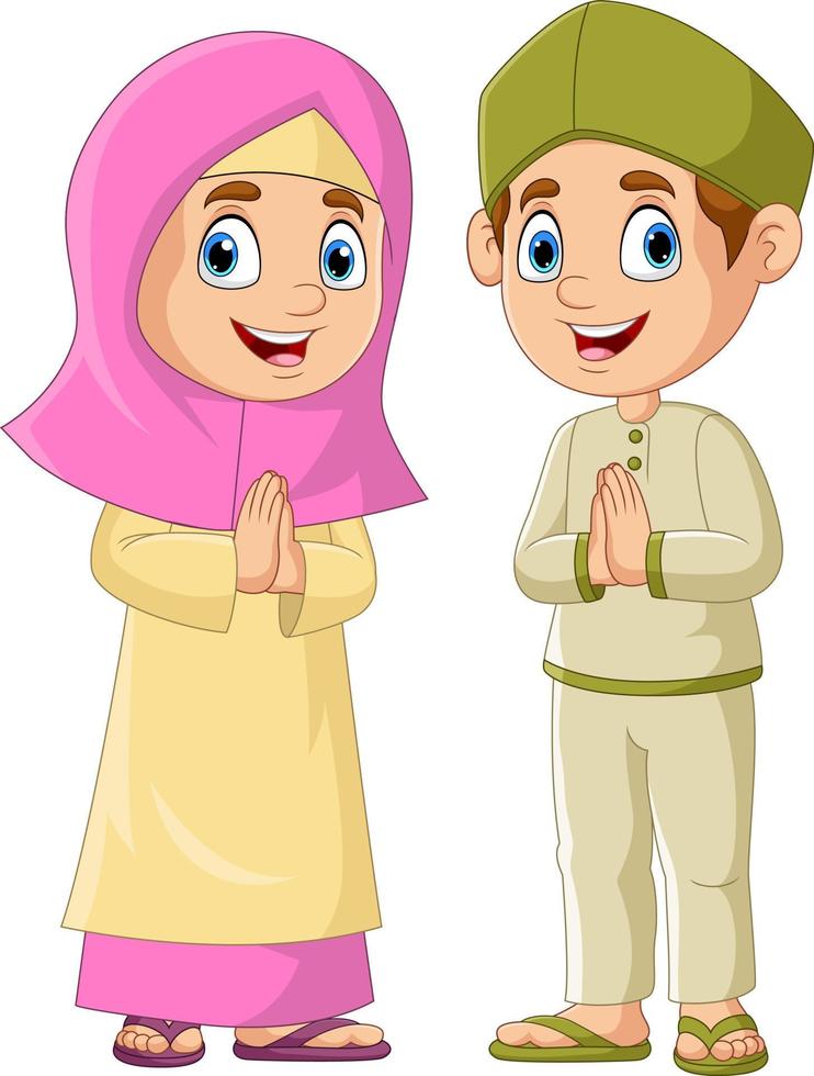 glücklicher muslimischer mädchen- und jungenkarikatur vektor