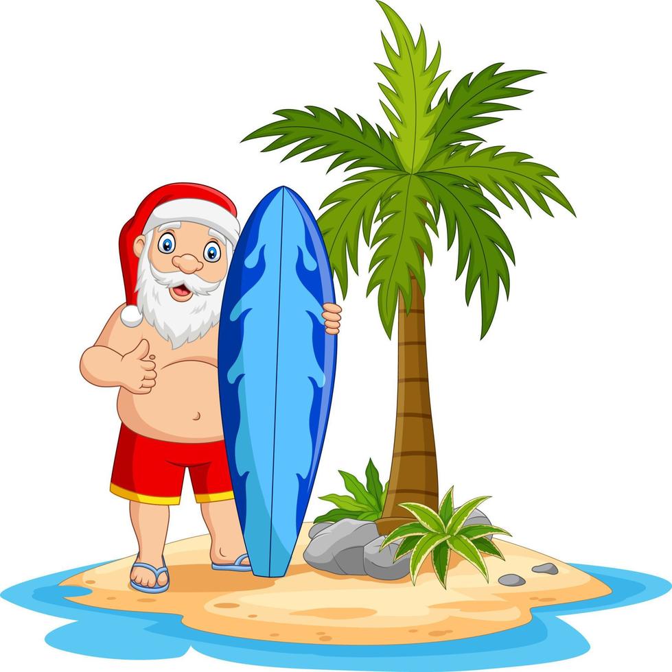 tecknad jultomte håller en surfbräda på den tropiska ön vektor