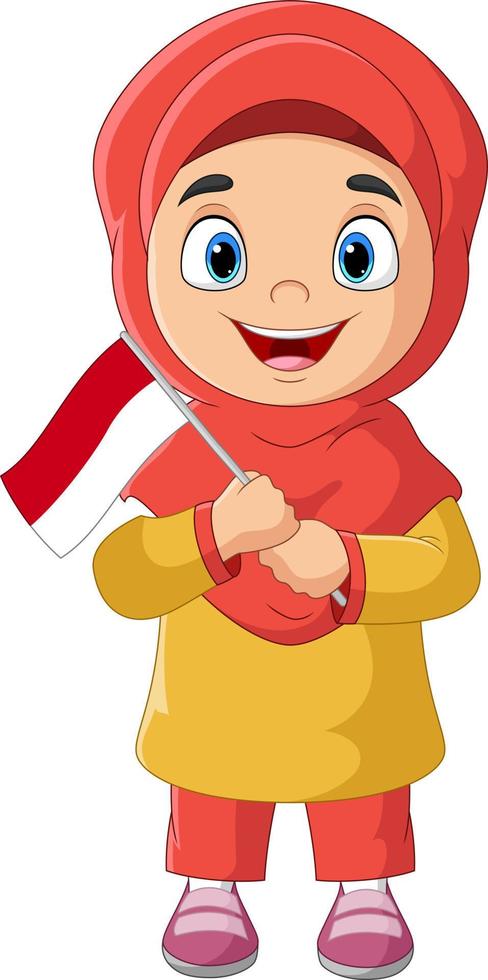 karikaturmuslimisches mädchen, das eine indonesische flagge hält vektor