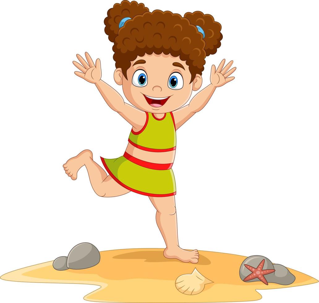 Cartoon kleines Mädchen im Badeanzug am Strand vektor