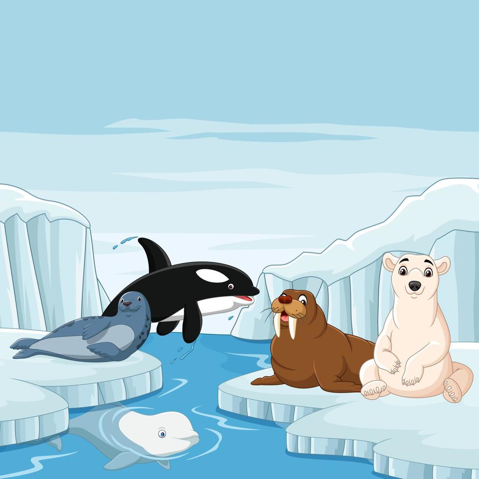tecknade arktiska djur i arktiskt landskap bakgrund vektor