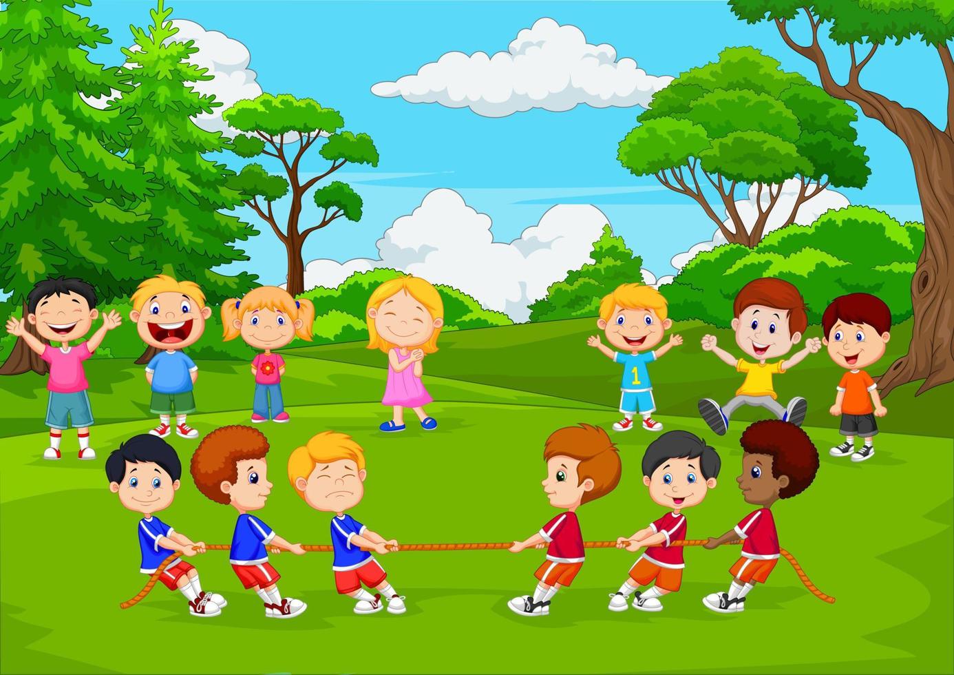 tecknad grupp barn som spelar dragkamp i parken vektor