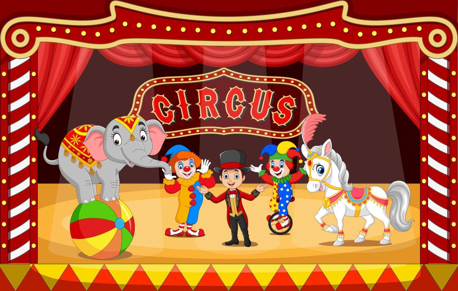 tecknade cirkusartister på cirkusarena med clowner, tamare och djur vektor