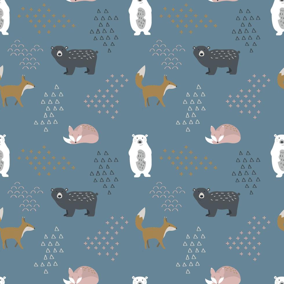 süße skandinavische tiere, nahtloses muster auf dunkelblauem hintergrund. fuchs, brauner und weißer bärkarikaturhintergrund. design für stoff, textil, dekor. vektorillustration für winterferien. vektor