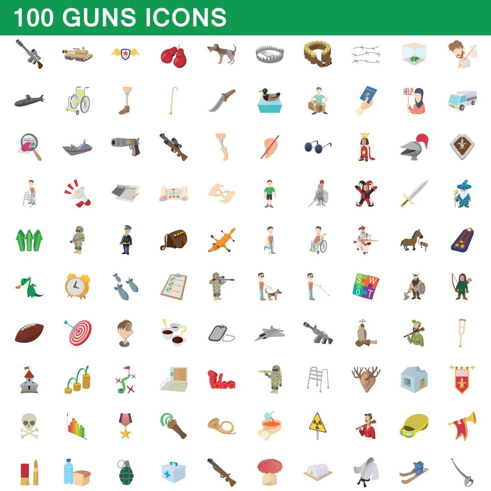 100 vapen ikoner set, tecknad stil vektor