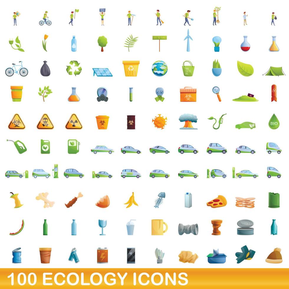100 Ökologie-Icons gesetzt, Cartoon-Stil vektor
