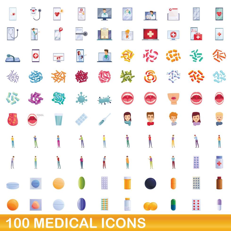 100 medicinska ikoner set, tecknad stil vektor