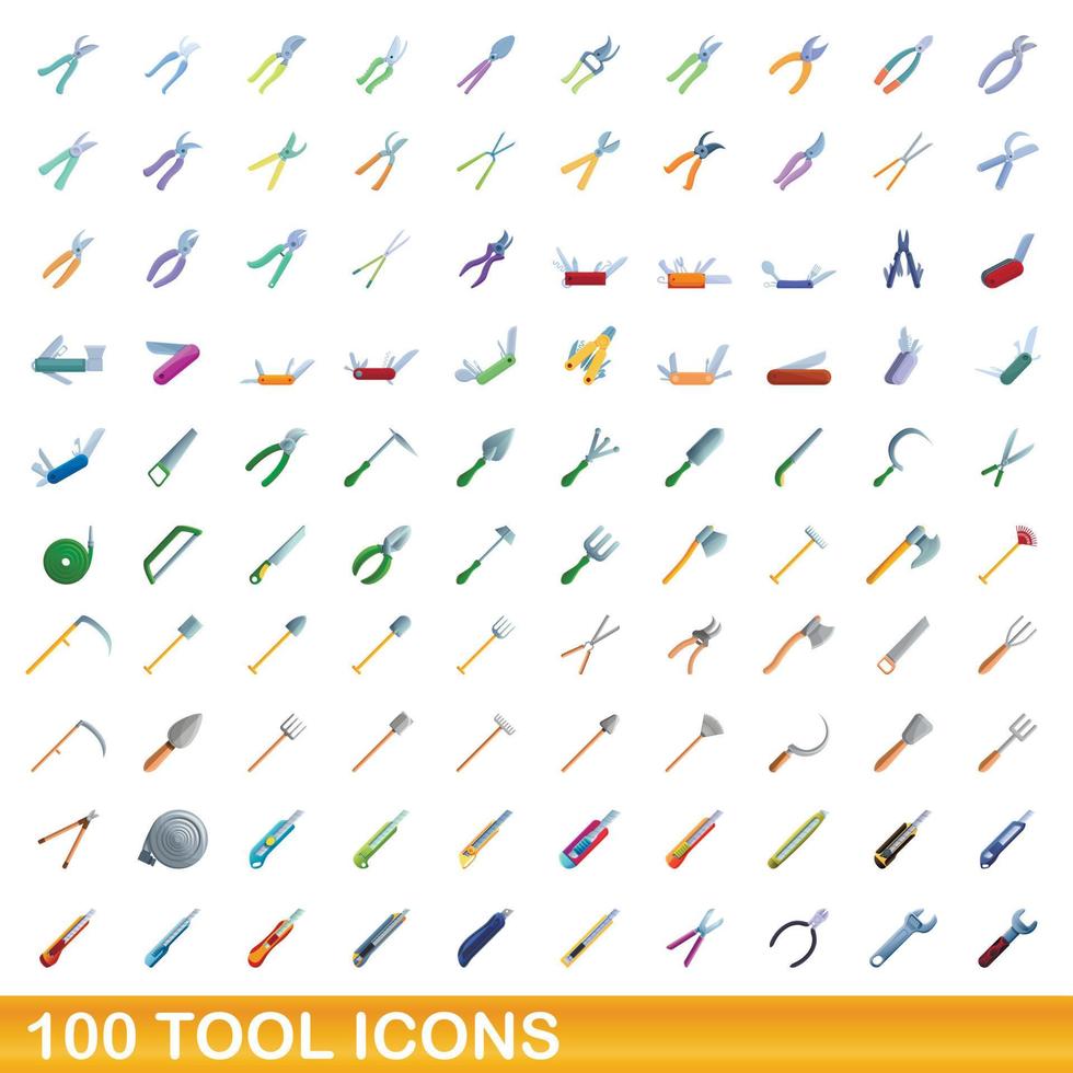100 verktygsikoner set, tecknad stil vektor