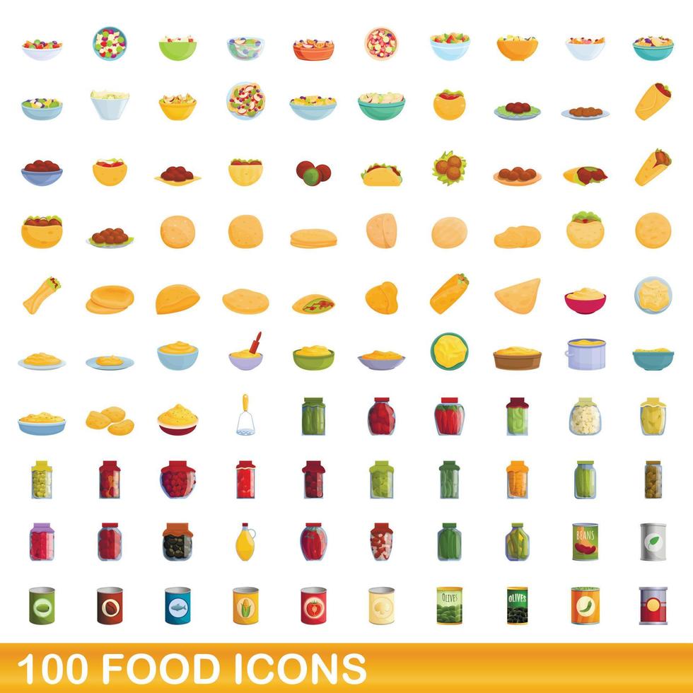 100 mat ikoner set, tecknad stil vektor