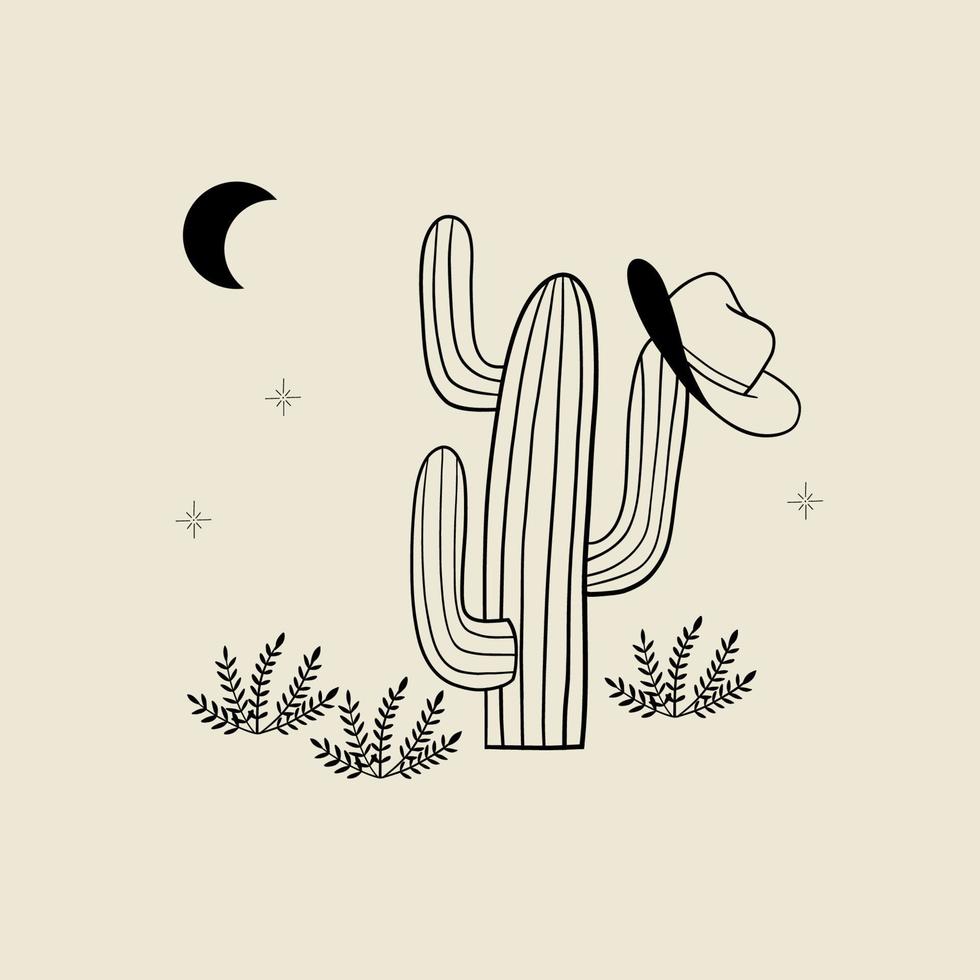 kaktus i öknen på natten. design för Saguaro nationalpark, tucson, arizona och mexico. bakgrund med landskap, öken, sanddyner, kaktus, hatt, bushand, måne och stjärnor. terrakotta färger vektor