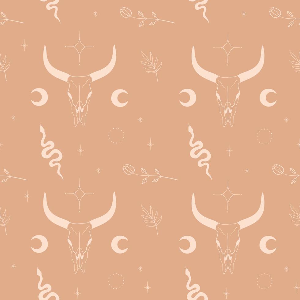 boho stilillustration med buffelskalle, orm, blommor, måne och stjärnor. vilda västern design. seamless mönster i pastellfärg vektor