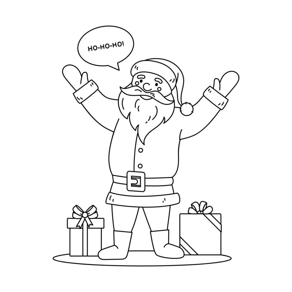 geschenke und cartoon lustiger weihnachtsmann winkt mit der hand und sagt hohoho. Vektor-Illustration Strichzeichnungen vektor