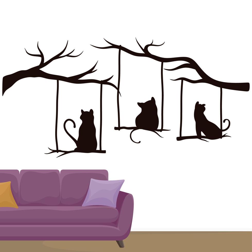 flora och fauna vägg dekoration koncept. katt i gren väggdekoration klistermärke design vektor