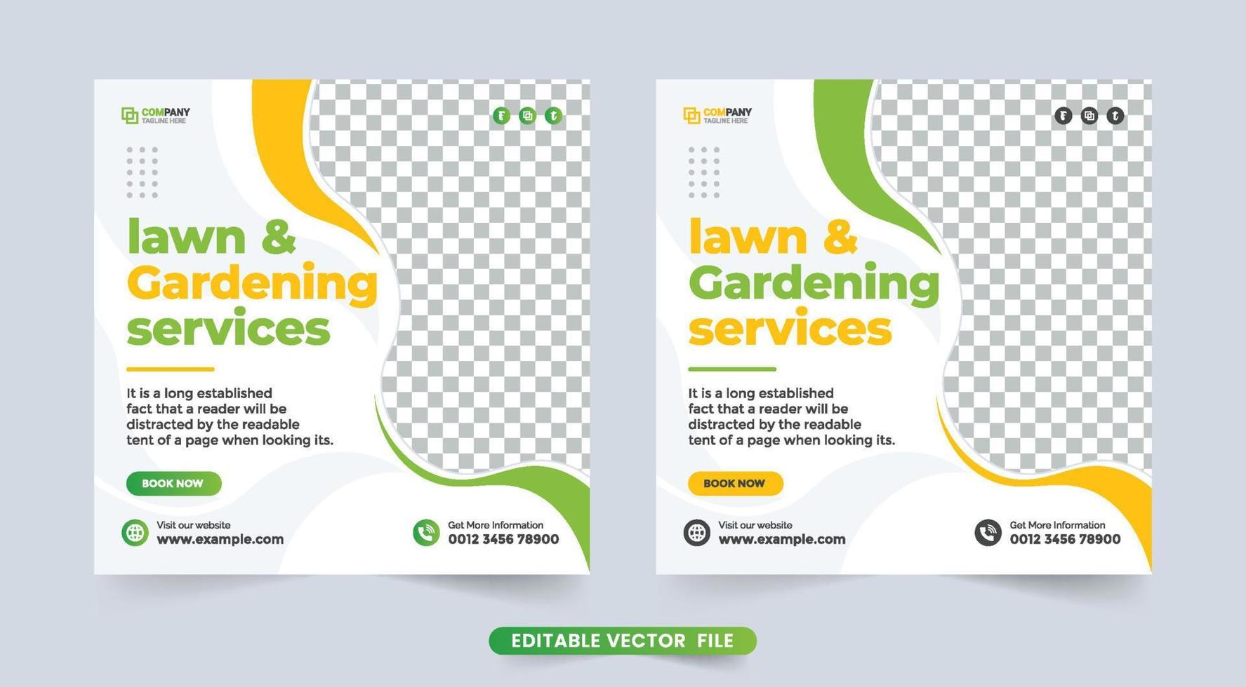gräsmatta och trädgårdstjänst sociala medier post vektor. trädgårdsvård och gräsklippare arbete främjande malldesign. klippning och landskapsarkitektur annons affisch design med grön och gul färg. vektor