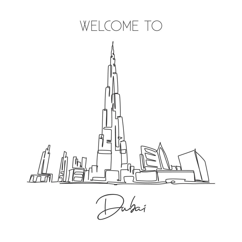 eine durchgehende strichzeichnung burj khalifa tower wahrzeichen. weltberühmter ort in dubai, vae. urlaub ferienhaus wanddekor kunstplakat druckkonzept. moderne einzeilige zeichnen-design-vektorillustration vektor