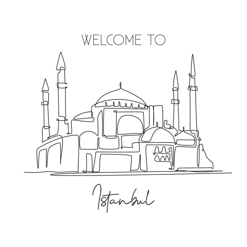 eine einzige strichzeichnung hagia sophia oder aya sofia museum. weltberühmter Ort in der Türkei. tourismus reisen wanddekor plakatdruck postkartenkonzept. moderne durchgehende Linie zeichnen Design-Vektor-Illustration vektor