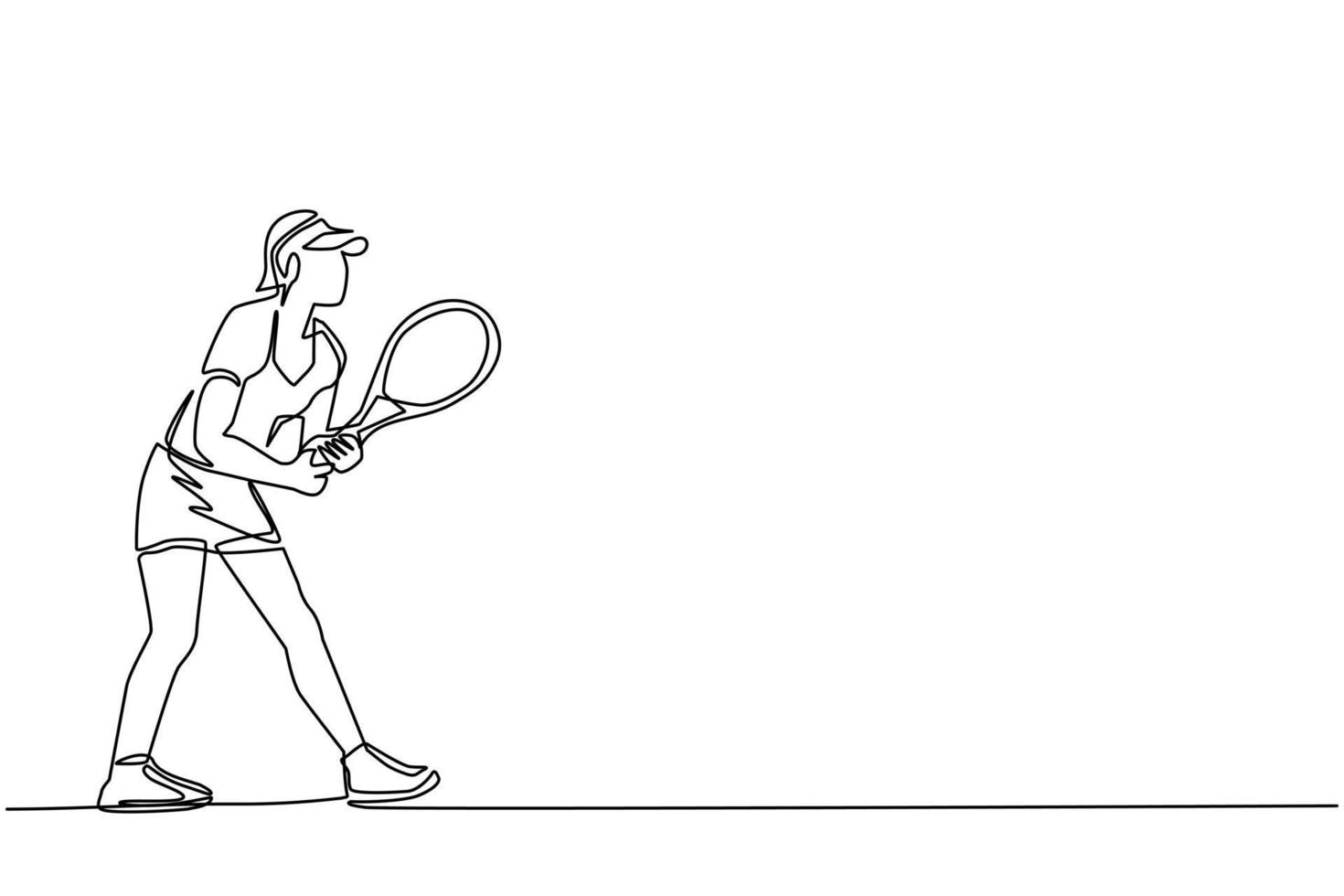 Single One Line Drawing Tennisspielerin mit einem Schläger in der Hand. Tennisspielerinnen spielen mit Schläger auf dem Platz. Meisterschaft, Ausbildung. ununterbrochene Linie zeichnen grafische Vektorillustration des Designs vektor