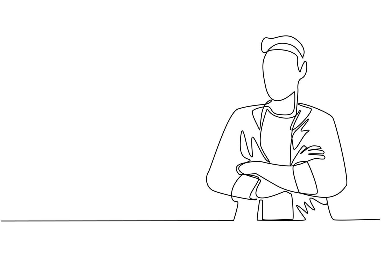 fortlaufende einzeilige zeichnung junger geschäftsmann, der mit verschränkten armen steht. lächelnder gutaussehender mann in lässiger kleidung mit verschränkten armen stehend isoliert. einzeiliges zeichnen design vektorgrafik illustration vektor