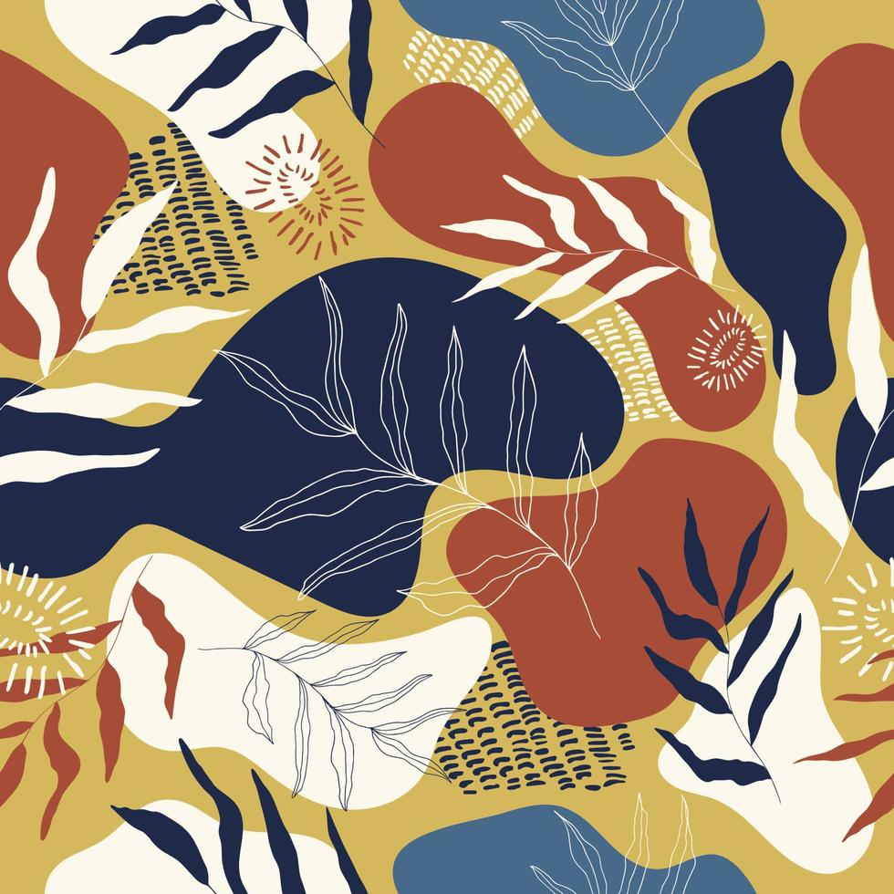 botanische nahtlose Muster auf goldenem Hintergrund. trendiges abstraktes Muster, tropische Blätter, Gold, Blau, Rot, erdige Pastellfarben. Vektor-Illustration. vektor