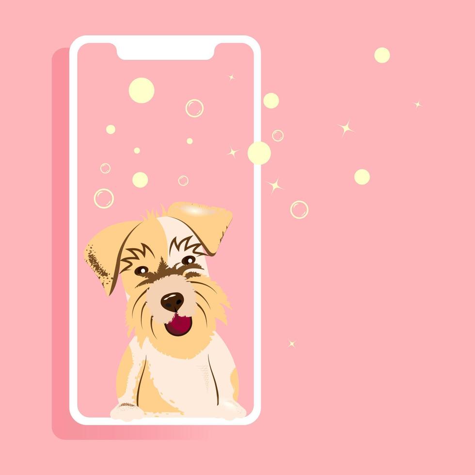 Der Hund schaut aus dem Telefon. Haustierpflegekonzept für mobile App vektor