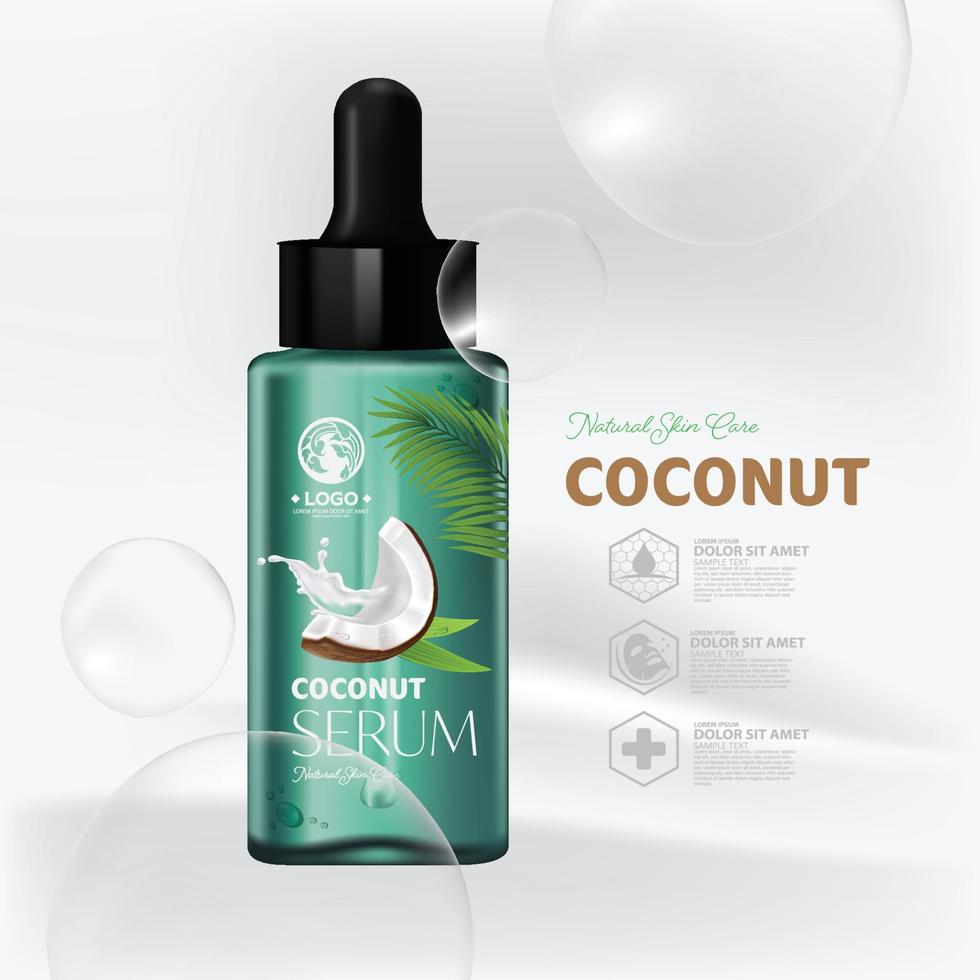 kokosöl-feuchtigkeitsessenz-hautpflege-kosmetische zusammensetzung für poster, banner, etikett, aufkleberdesign-vektorillustration vektor