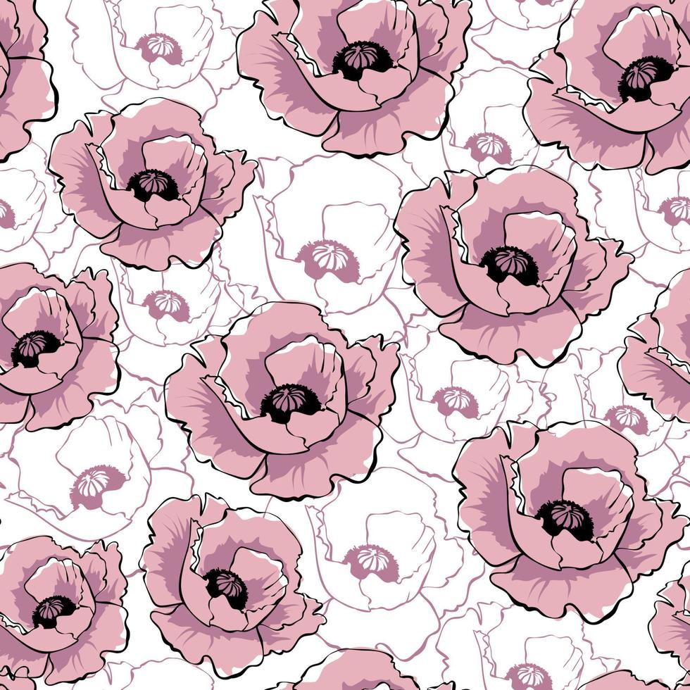 vektor rosa vallmo blommor på vit bakgrund. handritad sömlösa mönster. vilda blommor färgillustration. blommig konsistens. tapeter, digitalt papper, omslagspapper, textildesign.