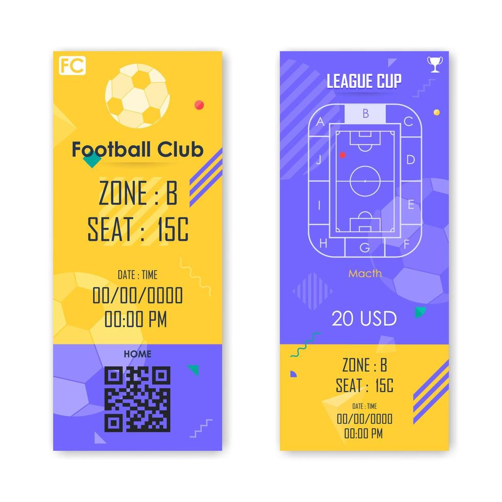 fußball, fußballticketkarte lila und gelbe farbe modernes vertikales musterelement für grafikdesign. Vektor-Illustration vektor