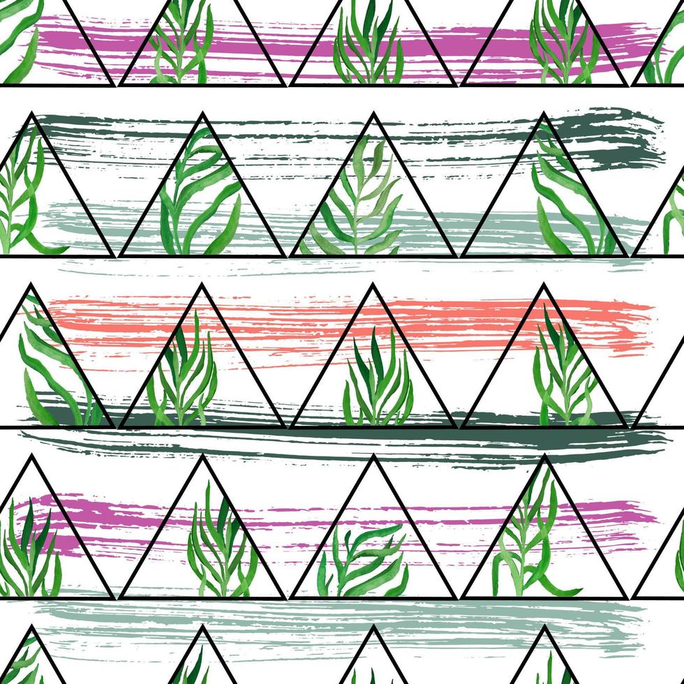 akvarell kvistar med löv i trianglar ramar på bakgrunden av textur ränder av målardrag geometrisk vektor seamless mönster