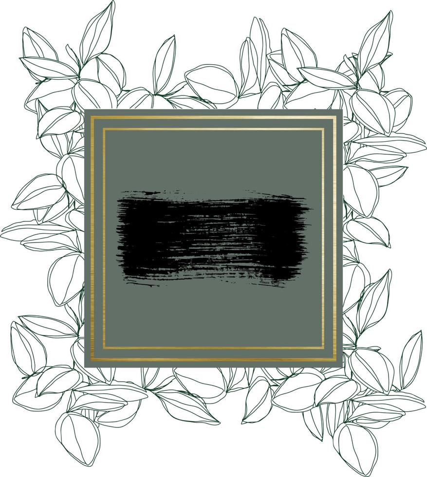 botanisk minimalism linjekonst löv vektor ram med gyllene kanter och texturerat penseldrag
