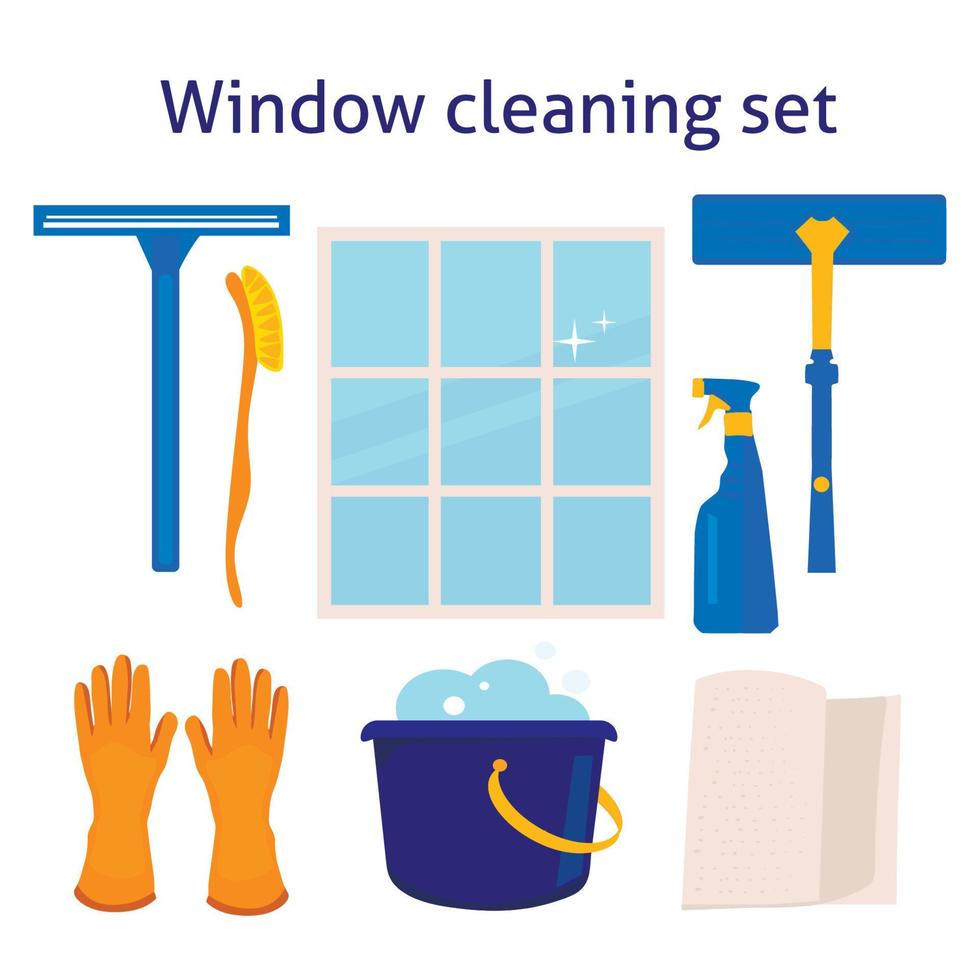 Satz Fensterreinigungswerkzeuge Rakelbürste Haushaltschemikalien zur Reinigung des Hauses, isolierte Symbole im Cartoon-Stil, auf weißem Hintergrund vektor