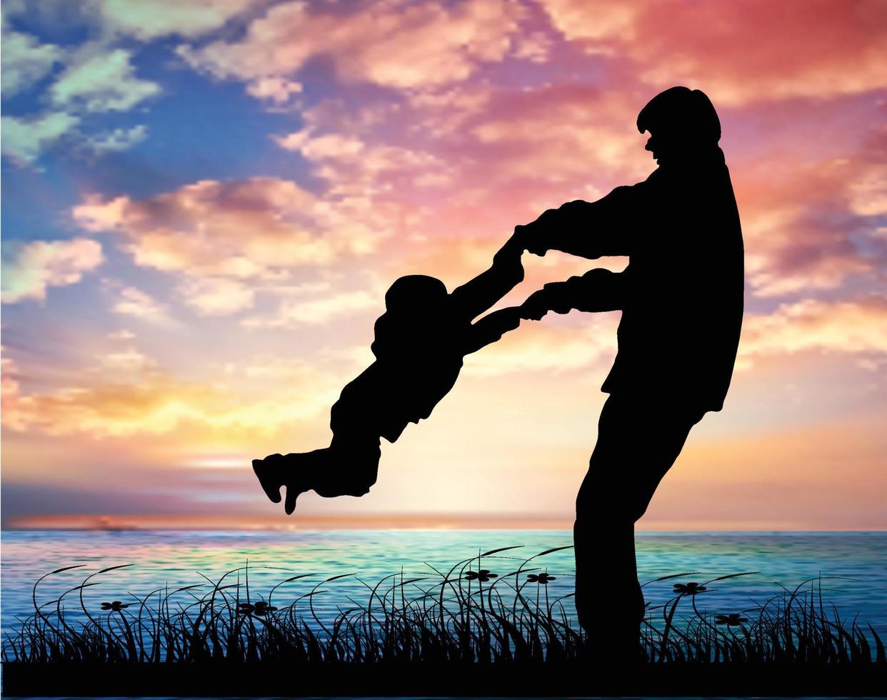 Silhouette von Vater und Sohn, die zusammen am Strand spielen vektor