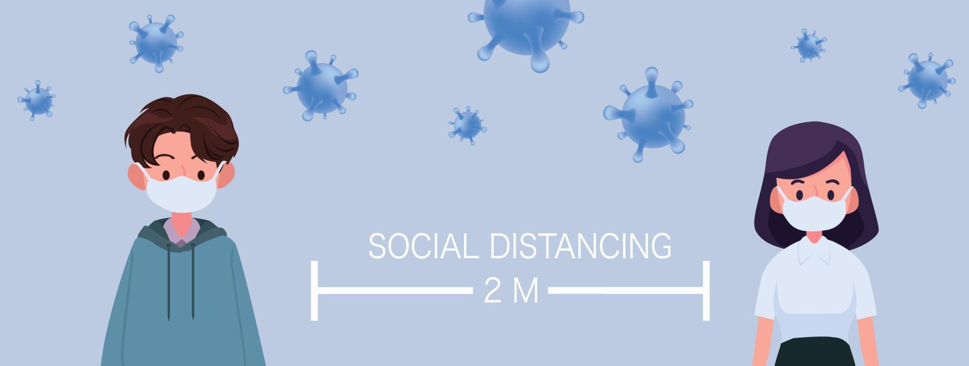 Mann und Frau, die eine chirurgische oder medizinische Gesichtsmaske tragen, halten soziale Distanz, um die Ausbreitung von Viren und die Grippeprävention zu verhindern. coronavirus, soziale isolation und selbstquarantänekonzept. vektor