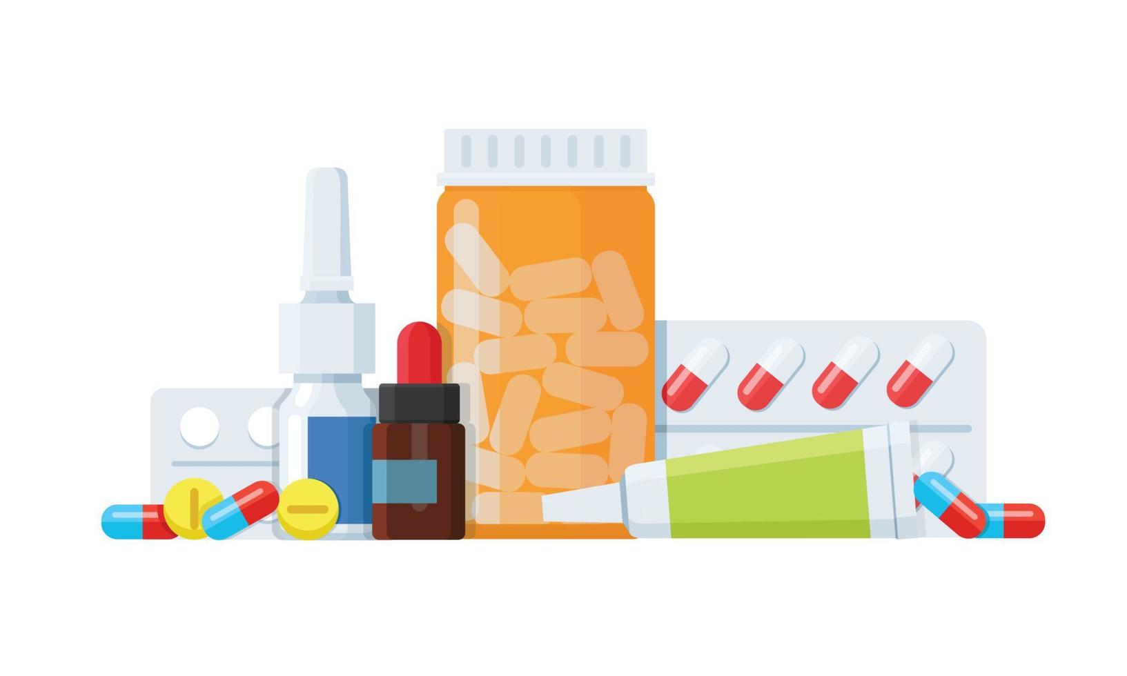 satz verschiedener medizinischer flacher flaschenstile. symbole tabletten, drogen, kapseln, pillen in verpackungen und ohne. Pharmakologie und Pharmazie. vektor