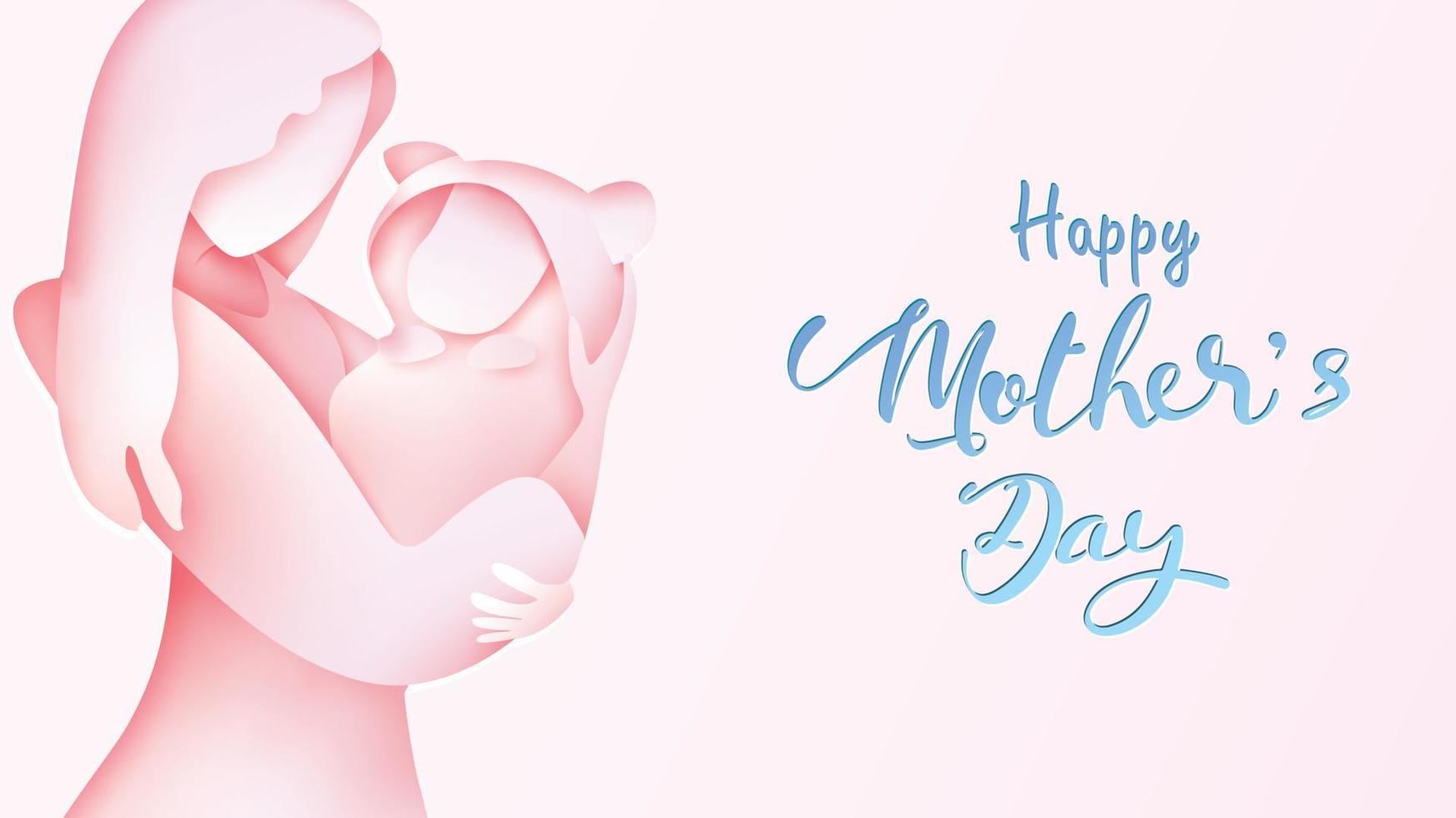 glad mors dag gratulationskort. pappersklipp stil vacker mamma ler och håller frisk baby med full av lycka i rosa bakgrund. vektor illustration. - vektor