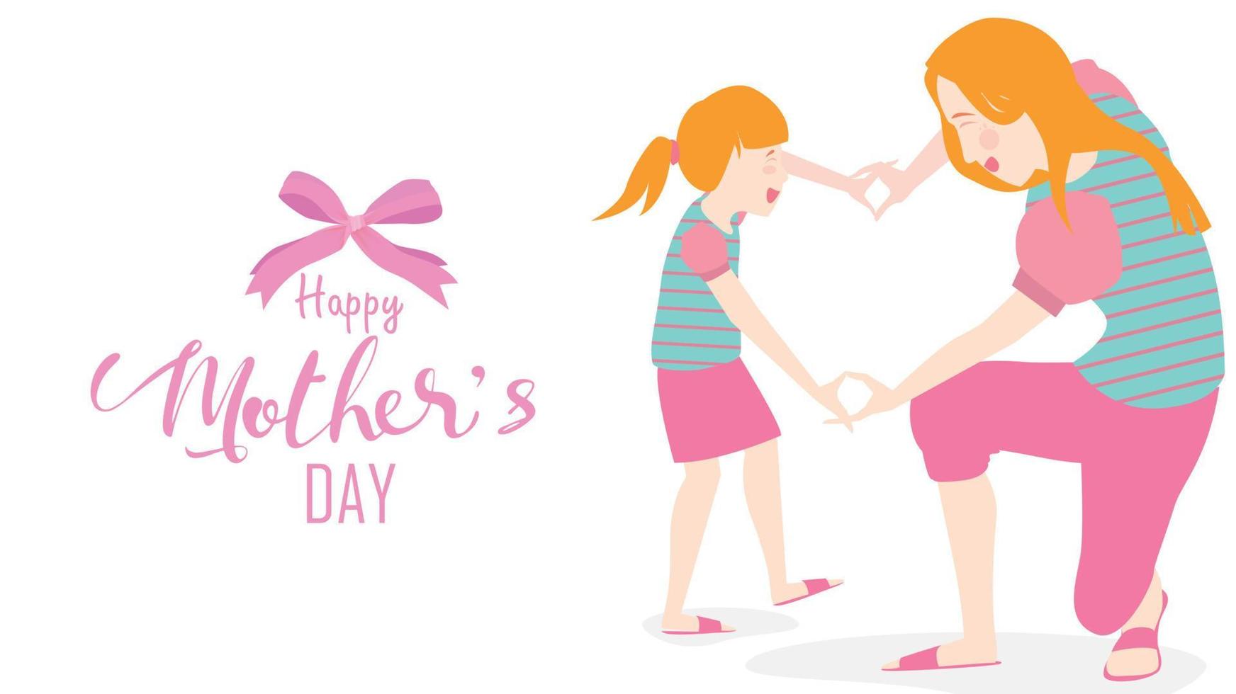 Happy Mother's Day Cute Child Tochter gratuliert Mama tanzen, spielen, lachen und Herzform-Symbol zeigen. flache Designart der bunten Vektorillustration. flacher Cartoon-Stil. - Vektor