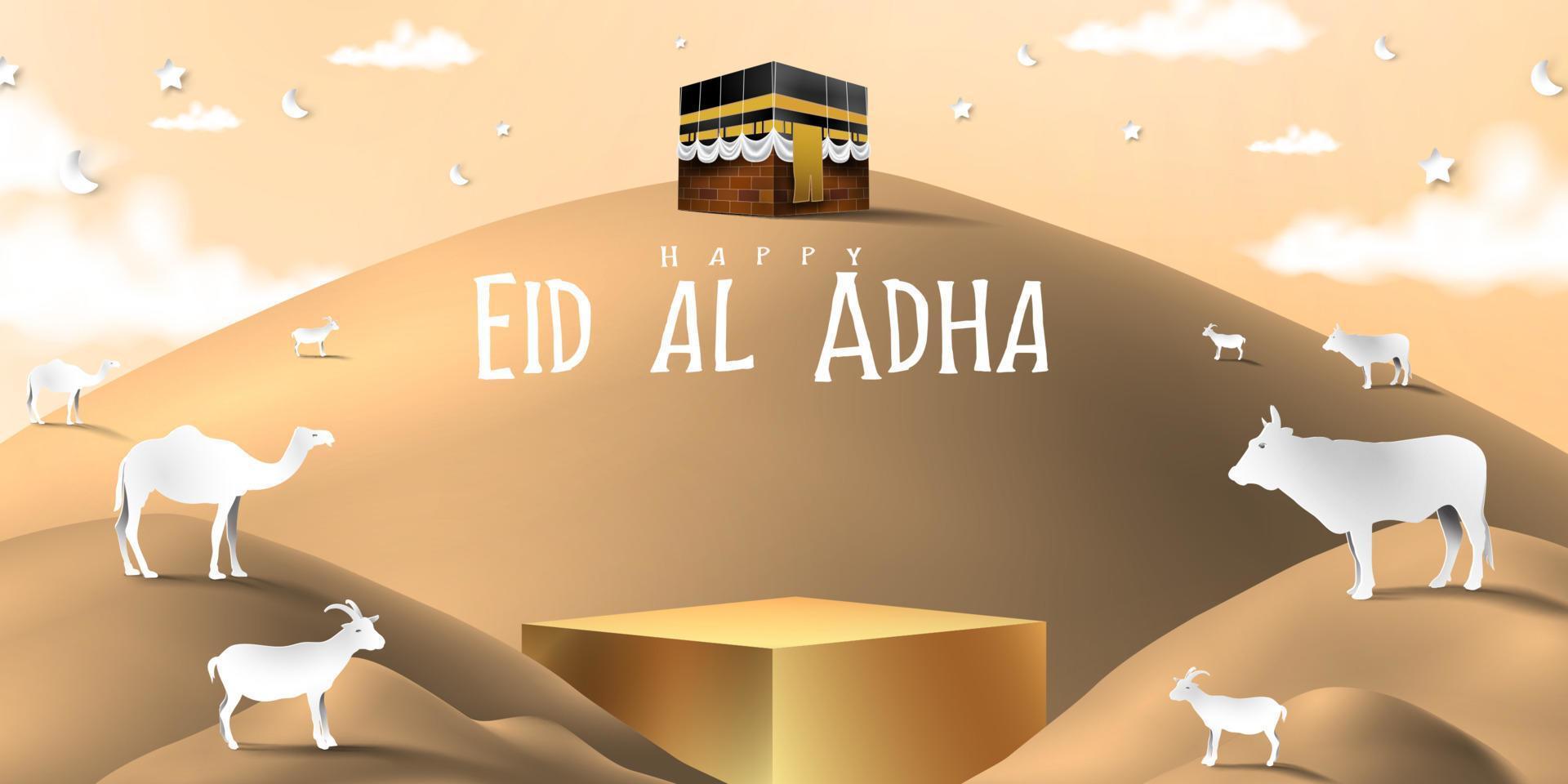 eid al adha islamisk dekoration visa podium bakgrund med get, kamel, ko, måne och stjärna. produktutställning för ramadan kareem, mawlid, eid al fitr, muharram vektor