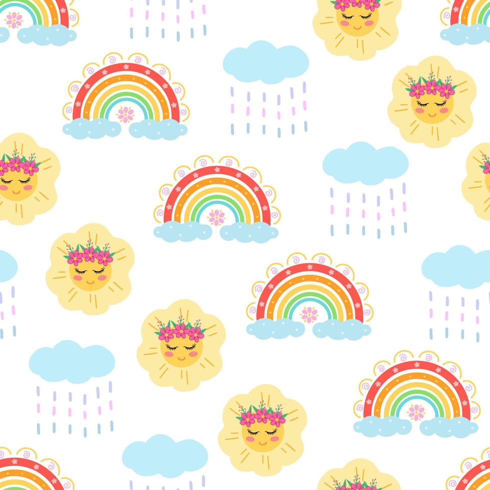 regenbogen, sonne, regen nahtloses muster. Illustration für Druck, Hintergründe, Umschläge, Verpackungen, Grußkarten, Poster, Aufkleber, Textil- und Saisondesign. isoliert auf weißem Hintergrund. vektor