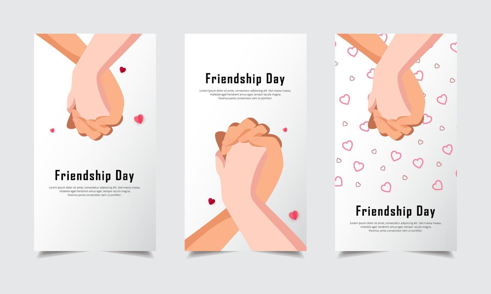 firande vänskap dag designmall berättelser med hand skaka människor och papper hjärtan vektor