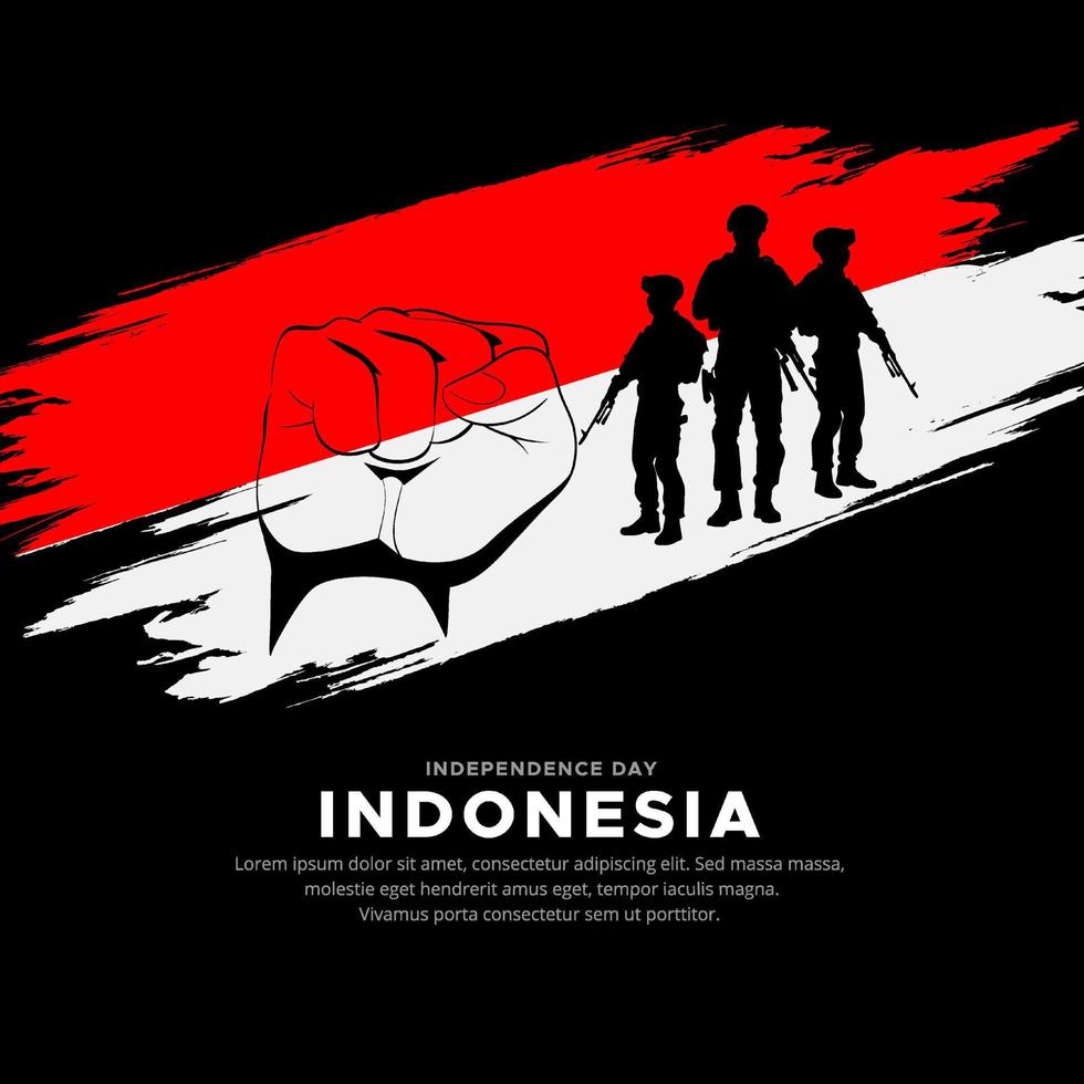 Indonesiens flagga bakgrund vektor med knytnäve gest och soldat siluett. Indonesiens självständighetsdag vektor