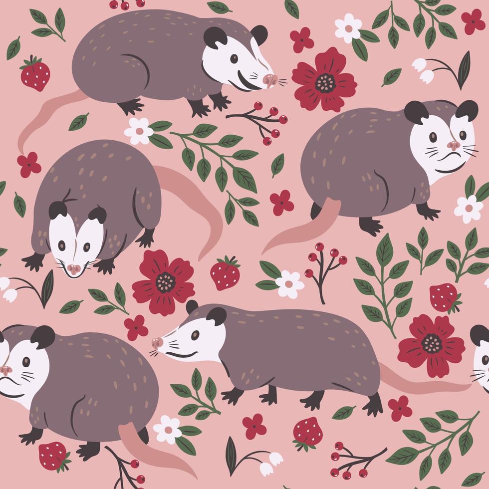 Nahtloses Muster mit niedlichen Opossums, Blumen und Beeren. Vektorgrafiken. vektor
