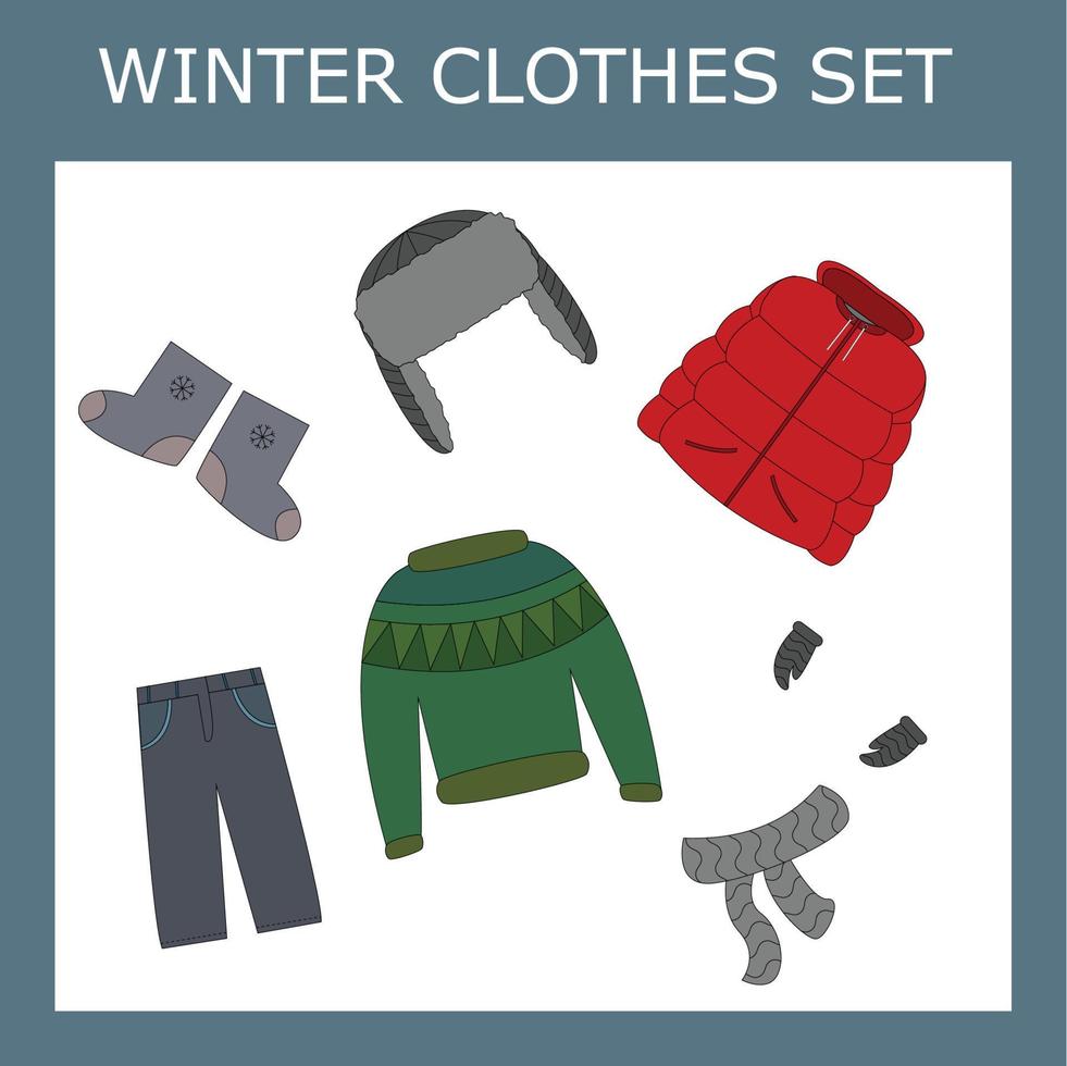 saisonale Kleidung für Kinder. Jahreszeit der Kleidung für den Winter. saisonale winterkleidung der karikaturkinder. vektor