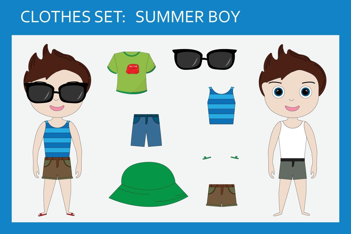 ett set kläder till en liten glad pojke för sommaren vektor