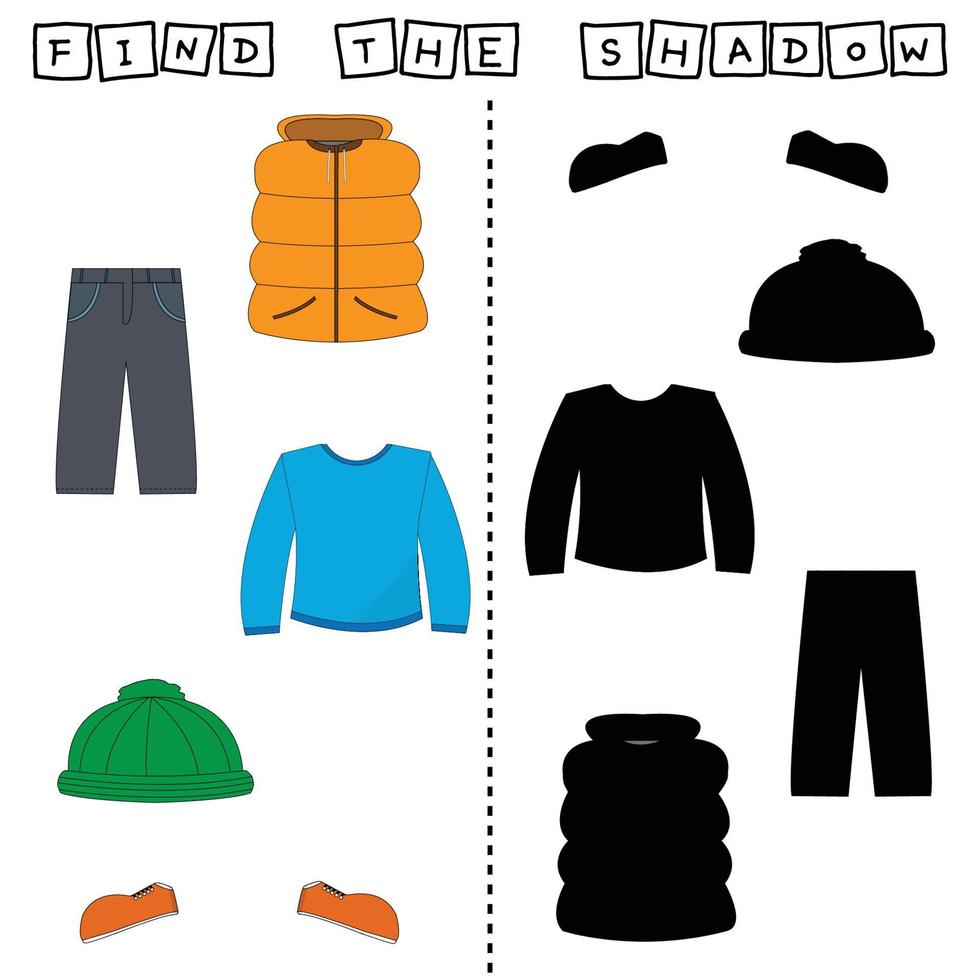 Aktivitäten für Kinder entwickeln, finden Sie ein Paar unter identischen Kleidungsstücken, Weste, Hose, Langarm, Hut, Turnschuhen. Logikspiel für Kinder. vektor