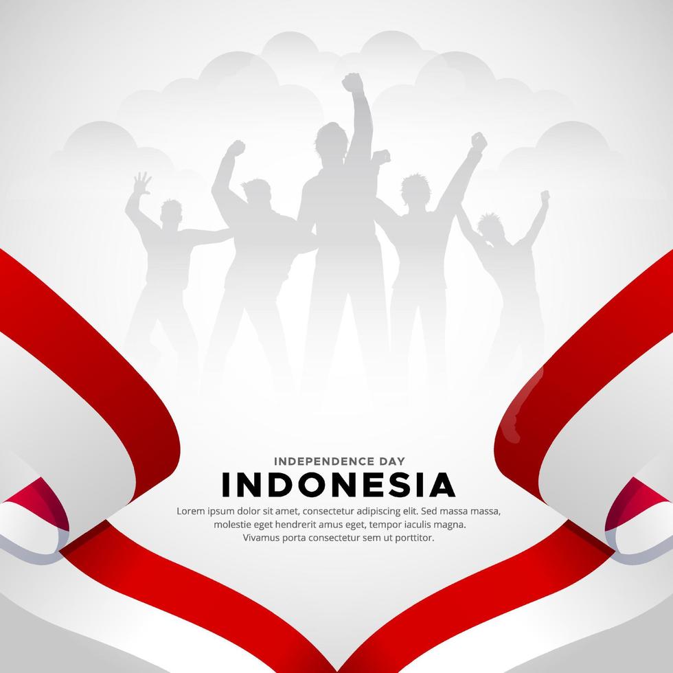 Indonesiens självständighetsdag designvektor med silhuett av soldat och vågig flaggbakgrund vektor