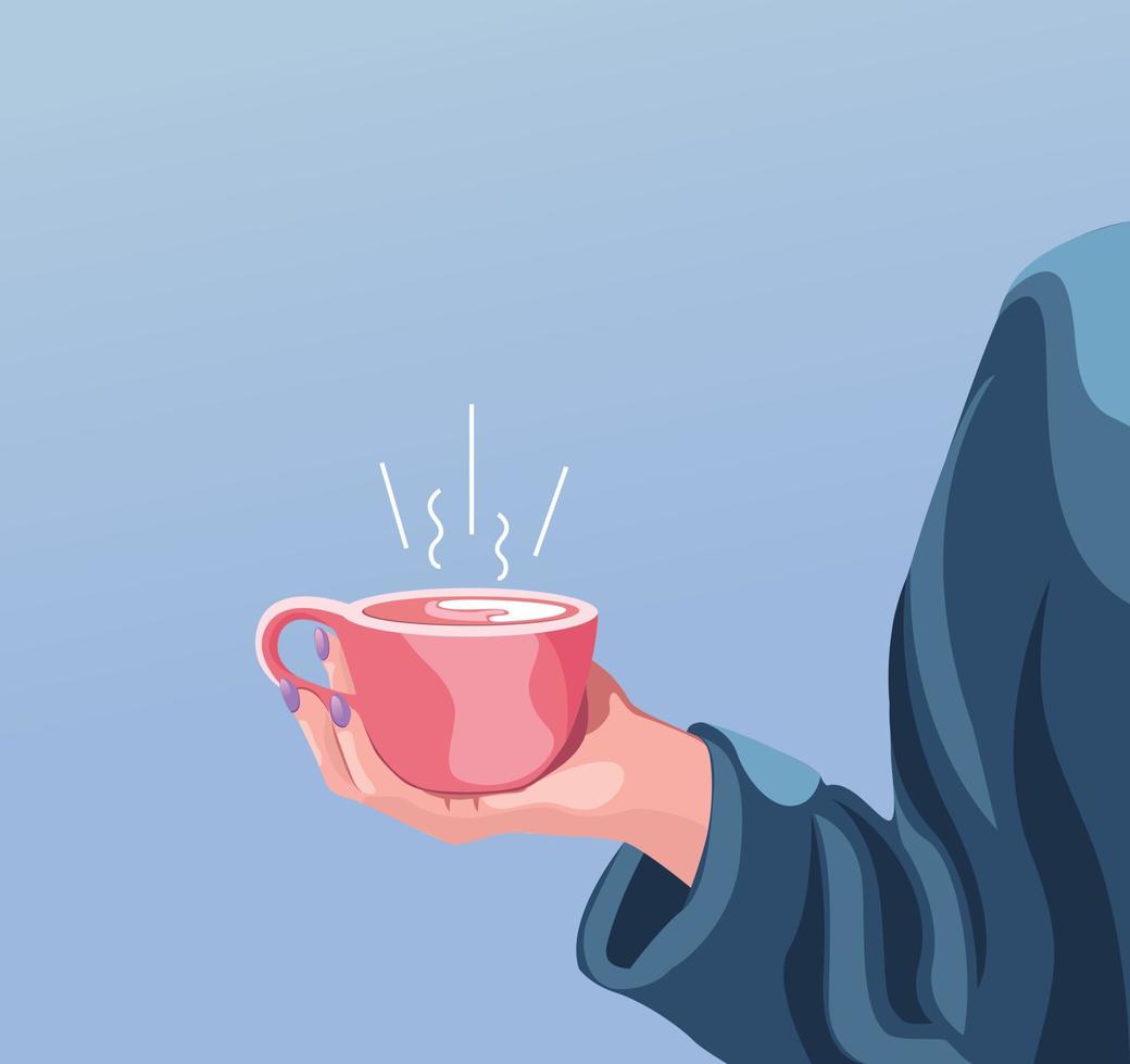 frauen, die kaffeetasse minimale nahaufnahme halten, übergibt nagellack lokalisierte illustration vektor