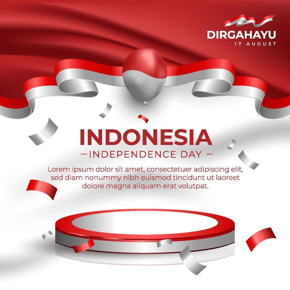 indonesischer unabhängigkeitstag social media flyer mit rot-weißem fahnenband und podium vektor